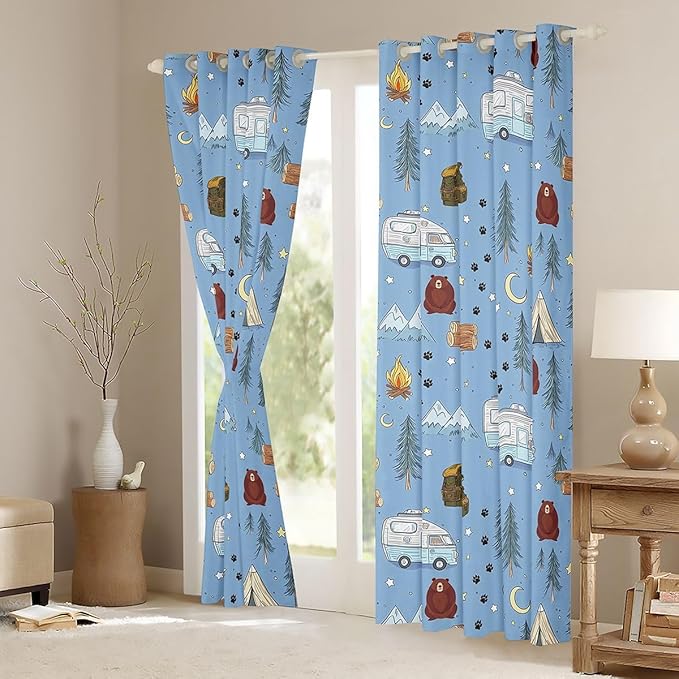 Cartoon Tents Camp Camper Window Curtain | Camping Picnic Blackout Curtain for Boys Bedroom Decor,Woodland Bear Curtains Snow Mountain Living Room Top 2 Panels,42Wx63L