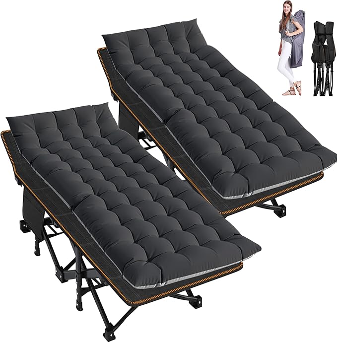 ABORON 2 Pack Folding Camping Cot W/Mat for Adults, Heavy Duty Outdoor Bed with Carry Bag,1200 D Layer Oxford Travel Camp Cots