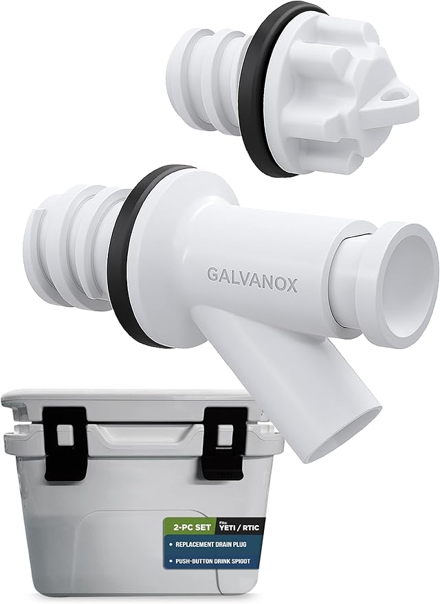 Galvanox 2-PC Set for Yeti Tundra and RTIC Coolers, Replacement Cooler Drain Plug and Push-Button Drink Spigot (White)