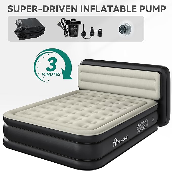 YITAHOME Queen Size Air Mattress with Pump and Banded Headboard, 18in Luxury Flocked Top Blow up Mattress, Durable Inflatable Mattress for Home & Guests, Black AirBed