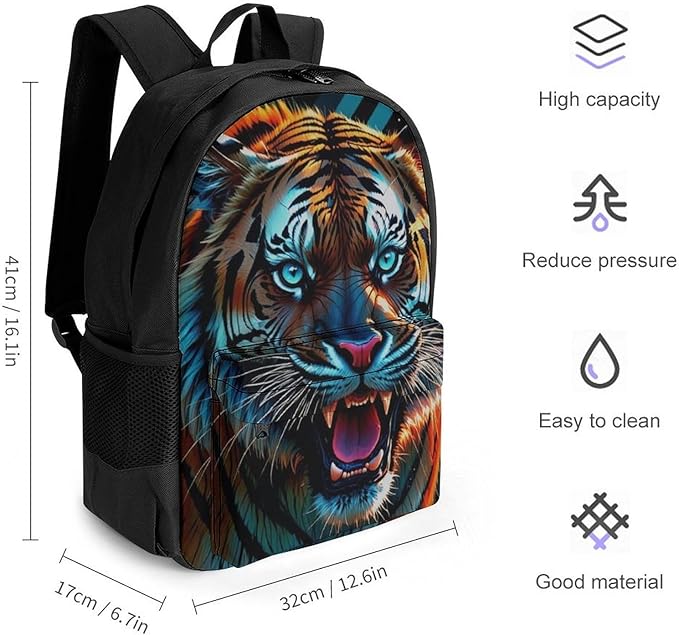 Lightweight Daypack Backpack for Trekking Work Running, Big Capacity Multipurpose Anti-Theft Bookbag, Angry Tiger Rainbow Animal Magic Art Business Computer Bag