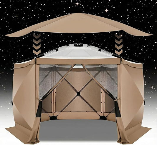 COBIZI 12x12FT Pop Up Gazebo Screen Tent Screen House for Camping, Screen Room with Mosquito Netting, Hub Tent Instant Screened Canopy with Carrying Bag and Ground Stakes,Khaki