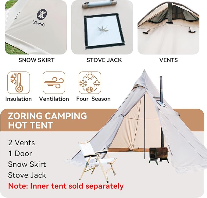 Hot Tent with Stove Jack, 4 Season 3-4 Person Tipi Tent for Camping, 8.2ft Standing Room with Snow Skirt, Cold Weather Shelter for Family Fishing, Hiking, Hunting, Backpacking