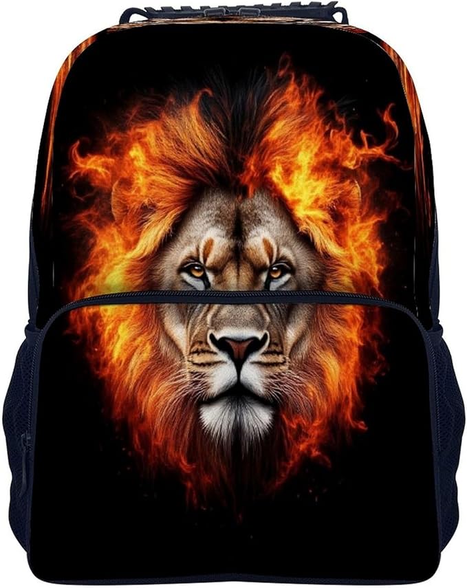 Rucksack Polyester Anti-Theft Multipurpose Cool Flaming Lion Fire Art Bookbag Big Capacity Travel and Sport Backpack Rucksack With Side Pockets