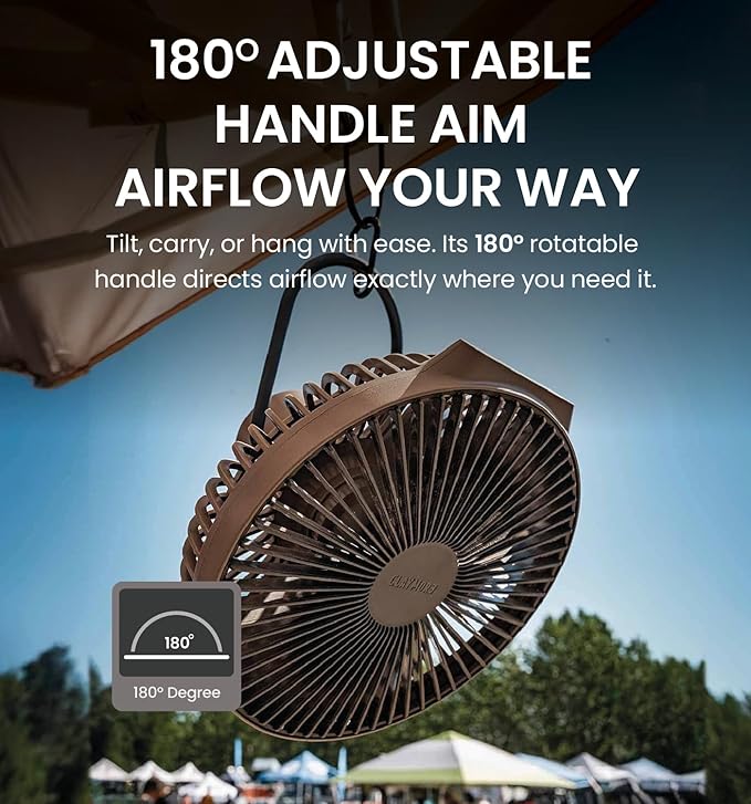 Claymore V1040 Black Rechargeable Portable Fan – 10,400mAh Power Bank Function Remote Control 4-Speed Quiet BLDC Air Circulator USB-C Charging 23 Hrs Runtime for Camping, Indoor, Outdoor