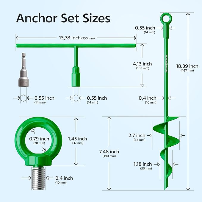 18" Heavy Duty Ground Anchors Kit (Green 4 Pcs) - Shed Tree Tent Dog Canopy Trampoline Anchor Kit - Long Spiral Earth Auger - Tie Down Screw in Swing Set Anchors - to Ground Stakes - Sand Anchor Kit