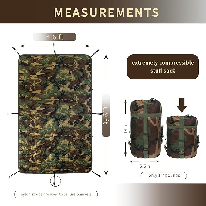 GRVCN Military Blanket - Camping Sleeping Bag with Zipper, Poncho Liner Thermal Insulated Blanket, Lightweight Portable Outdoor Hiking Survival Compression Carry Bag