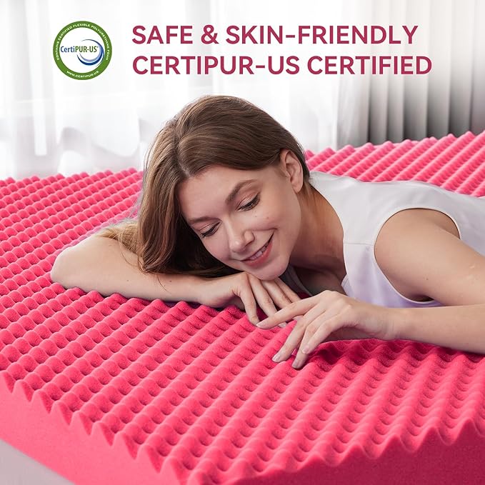 SINWEEK 2 Inch Egg Crate Memory Foam Mattress Topper King Size, Soft Mattress Pad for Back Pain Relief, Bed Topper, CertiPUR-US Certified, Pink