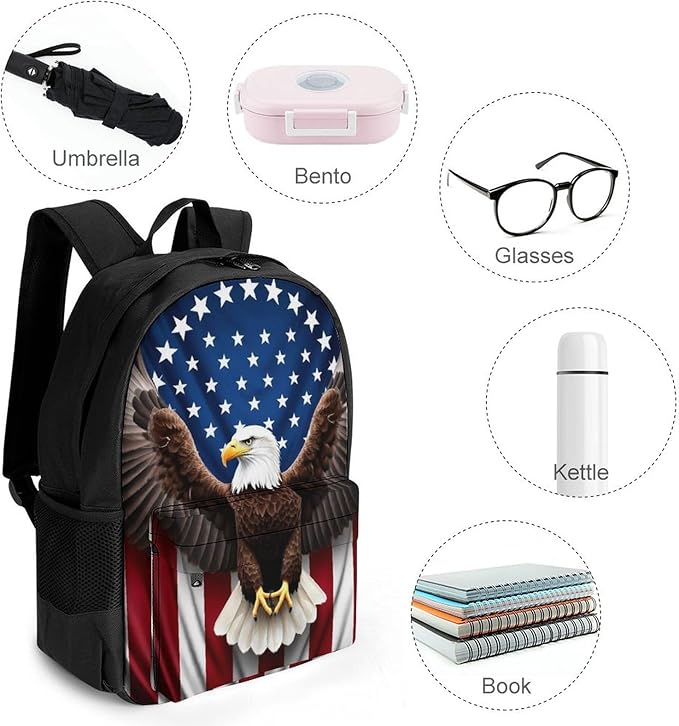 Supdreamc Shoulder Book Bags Polyester Multipurpose Anti-Theft American Eagle Flag Carry On Bag Large Capacity Travel Hiking Camping Rucksack