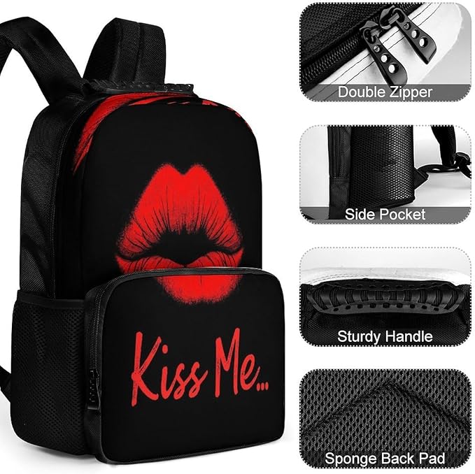Men Women Lightweight Black Red Lip Print Kiss Me Backpack Large Capacity Bookbag With Smooth Zippers for Gym Business Running
