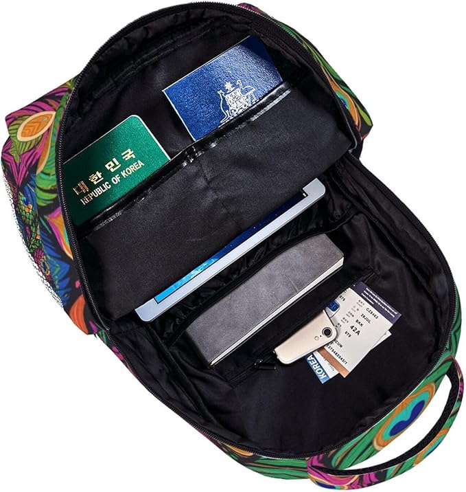 Men Women Lightweight Chic Animal Beautiful Peacock Feather Art Casual Daypack Big Capacity Bookbag With Padded Straps for Gym Travel Walking Cycling