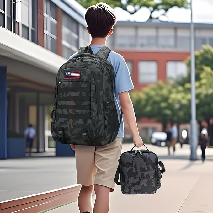 Camo Backpack for Boys 3 in 1 Set, 19 Inch 55L Tactical Bookbag with Lunch Box Pencil Case, Molle School Backpack for Kids Teens, Daily School Commute Outdoor Camping for Elementary Middle High School