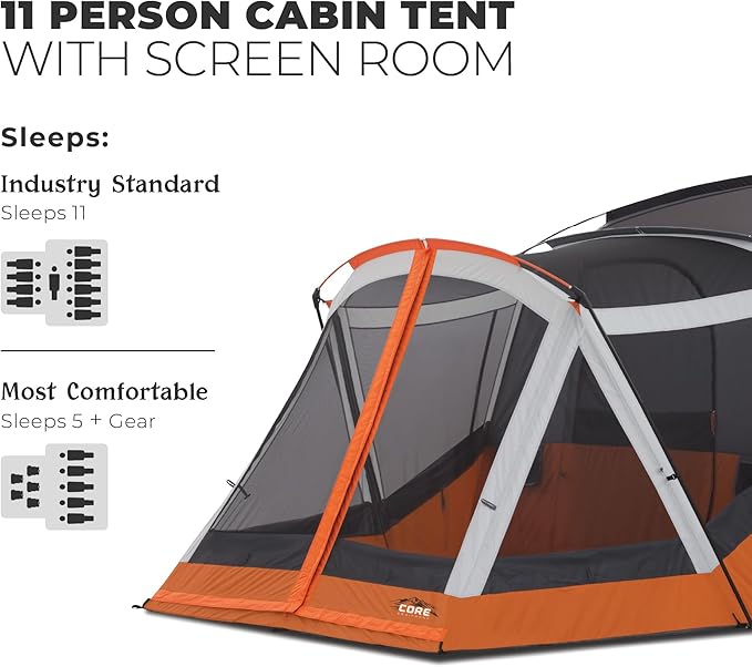 CORE Tent for Family Camping | 10 Person / 11 Person / 12 Person Large Multi Room Cabin Tents for Car Camping & Outdoor Adventures