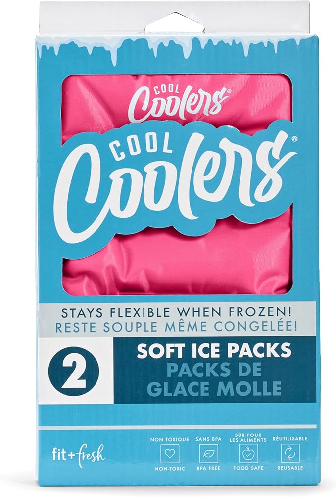 Cool Coolers by Fit & Fresh 2 Pack XL Soft Ice Packs for Cooler, Flexible Stretch Nylon, Lunch Box Ice Packs, Large Reusable Freezer Packs, Hot Pink