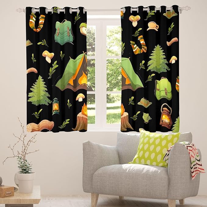 Feelyou RV Camping Camper Blackout Curtains Happy Camping Darkening Drapes for Bedroom Living Room Decor Camper Black Thermal Insulated Shades Window Treatments, 2 Panels 38 x 54 Inch