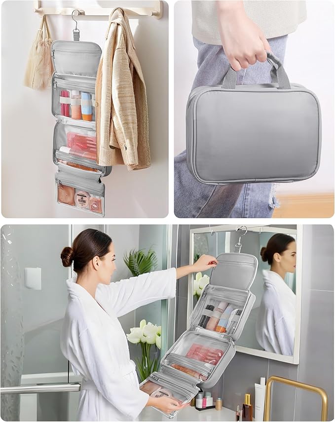 Toiletry Bag for Women & Men, Portable Hanging Makeup Bag/Cosmetic Bag with Compartments, Compact Travel Toiletry Bag Organizers (Grey)