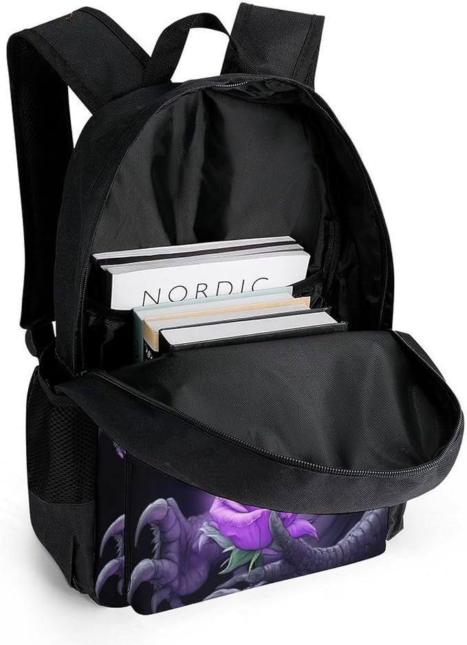 Lightweight Backpack for Gym Travel Bicycle, Big Capacity Multipurpose Anti-Theft Carry On Bag, Cool Dragon Purple Rose Black Travel Hiking Bag Day Pack