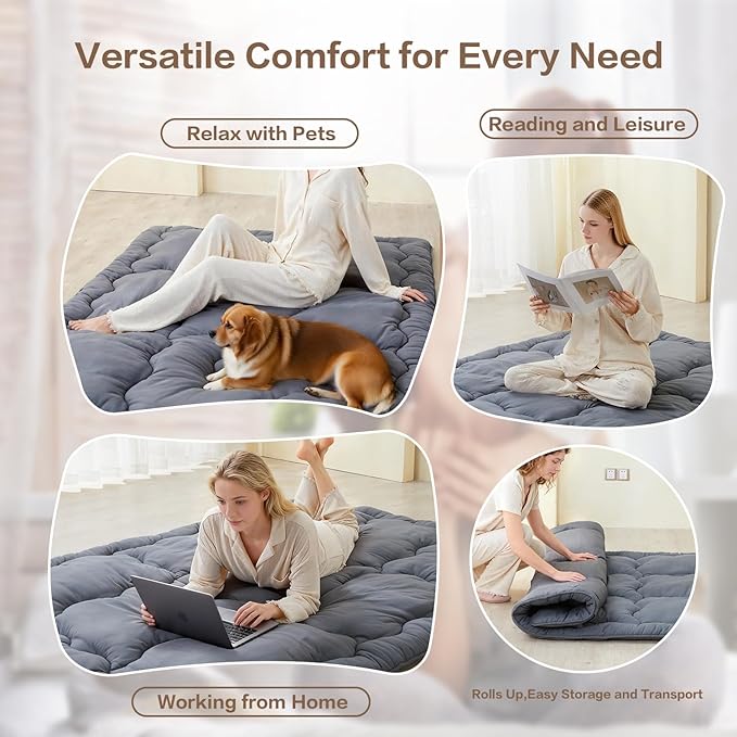 SAPHREAS Japanese Futon Mattress Floor Mattress Queen, Foldable Roll Up Bed Mattress Topper with Elastic Straps, Tatami Mat Sleeping Pad for Camping, Grey