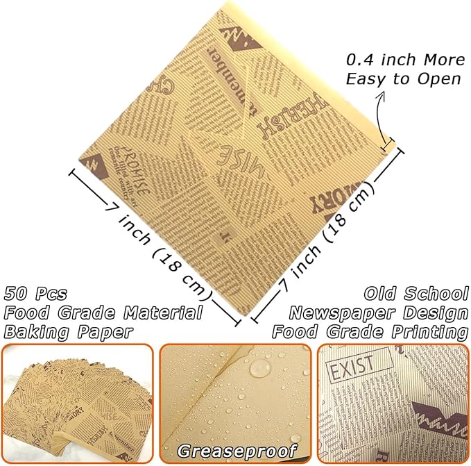 Soft Pretzel Bags 7"x7" Double Open Sandwich Bags 50Pcs, Grease-proof Parchment Paper Bags Newspaper Style Sandwich Wrappers for Cookie Snack Deli Bakery Family Daily Wrap