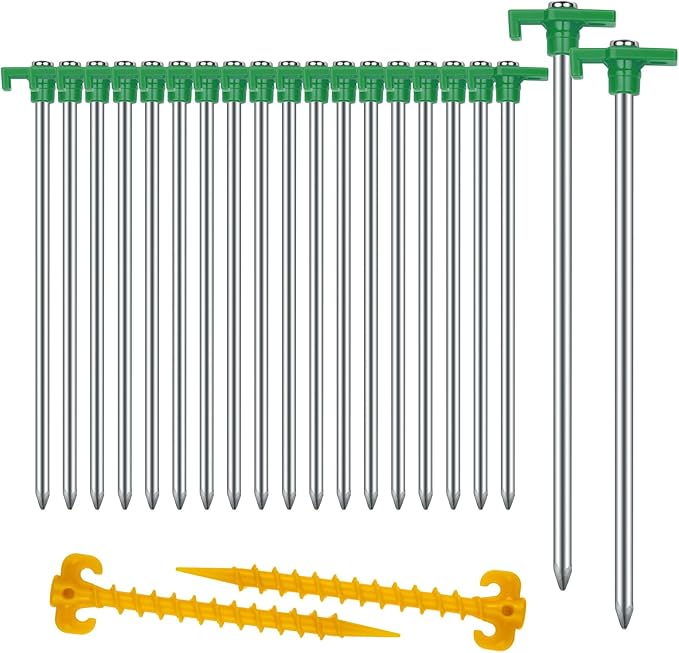 20+2PCS Tent Stakes Heavy Duty Camping Stakes,AVOFOREST 9.8Inch Non-Rust Metal Tent Pegs Ground Stakes Tent Spikes Camping,Garden,Hiking Green