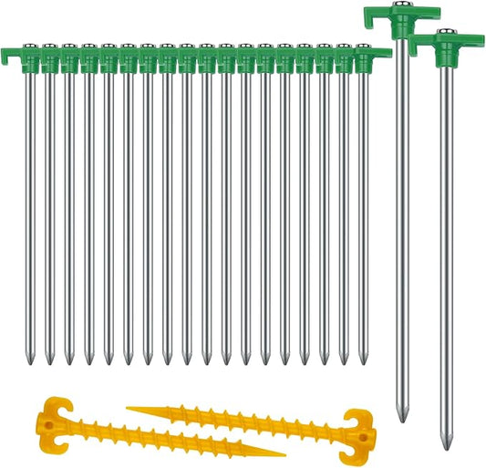 20+2PCS Tent Stakes Heavy Duty Camping Stakes,AVOFOREST 9.8Inch Non-Rust Metal Tent Pegs Ground Stakes Tent Spikes Camping,Garden,Hiking Green