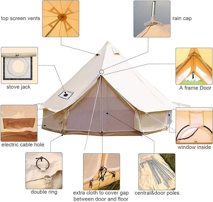 4 Season Waterproof Large Family Camping Cotton Canvas Bell Tent Beige Glamping Tent with Roof Stove Jack Hole and Electric Cable Hole (Diameter: 7M-22.97ft)