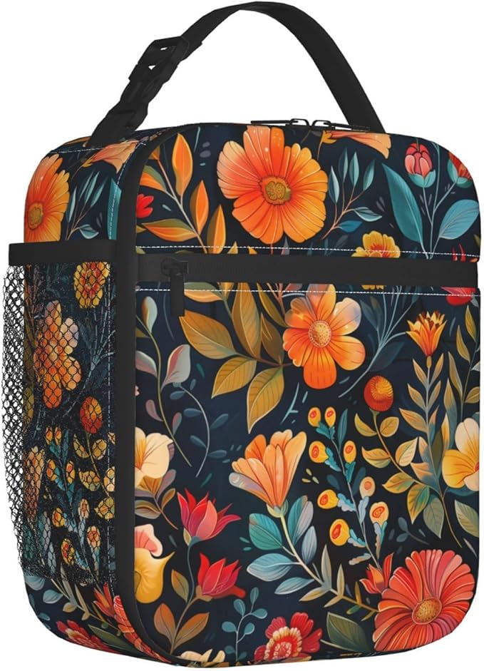 Vintage Floral Insulated Lunch Box for Women Men Retro Colorful Flower Design Lunch Bag for Work,Picnic,Travel,Hiking,Beach or Fishing Polyester Nature Lovers Lunch Box