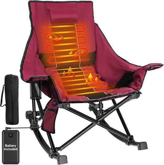 Slendor Heated Rocking Camping Chair with Padded & Pillow, 2000mAh Power Bank, 3 Adjustable Heat Settings, Oversized Camping Chair for Easy Setup and Foldable Storage, Red