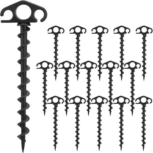Tent Stakes Ground Anchors Screw in, 16 Pack Sand Stakes for Beach 9.4 Inch Heavy Duty Spiral Tent Pegs for Camping, Party, Hiking, Outdoor Decoration (16, Black)