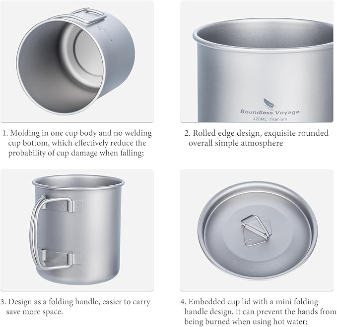 iBasingo 420ml Titanium Mug with Lid Tea Coffee Water Cup Outdoor Camping Pot Ultra-light Portable Hiking Backpacking Cooking Kit Picnic Tableware Drinkware with Foldable Handle Ti3025D
