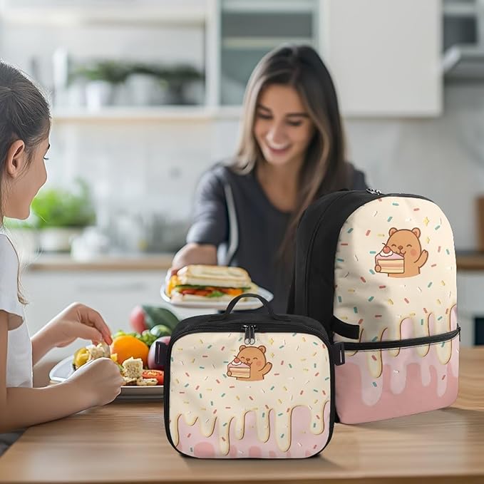 HUGS IDEA Cake Bear Backpack for Girls for School Cute Bookbag for Girls 8-10 Kids Backpack with Lunch Bag Cute School Bag Set for Elementary Students Casual Daypack