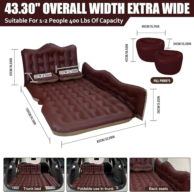 Car Air Mattress for SUV & Camping – Inflatable Backseat Mattress Bed with 2 Pillows Thickened Portable Sleeping Pad for Travel, Home, Trucks, RV – Soft Flocking + PVC Surface (Brown)