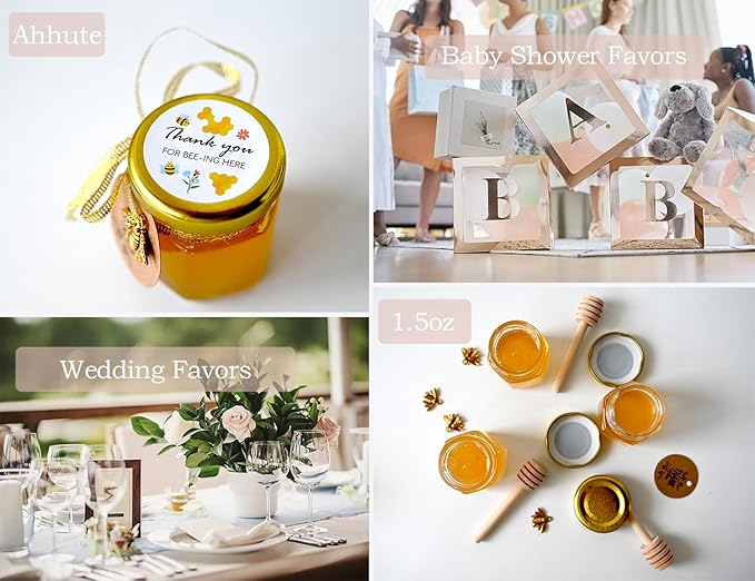 Ahhute Honey Jar, Mini Honey Jars with Dipper, Glass Honey Pot Baby Shower Favors, Party Favors & Wedding Favors, Hexagon Honey Container with Lid, Bee Charms, Fabric Ribbons and Bags, 20 Pack 1.5oz