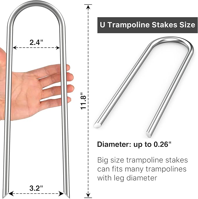 Heavy Duty Trampoline Stakes Anchors High Wind U Type Sharped Ends Safety Ground Anchors Galvanized Steel 11.8 inch for Soccer Goals,Tents and Garden Decorations