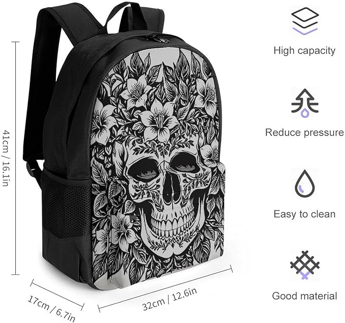 Men Women Lightweight Skull Head Black Daypack Bookbag Big Capacity Carry On Bag With Side Pockets for Camping Travel Bicycle