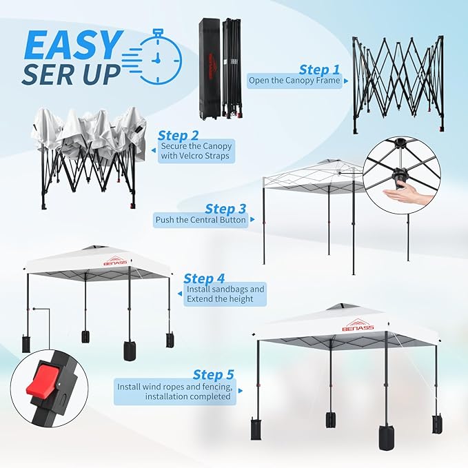 8x8 Pop Up Canopy, Easy Up Canopy Tent, Heavy Duty Tents for Parties, One Person Set Up Event Tent, White