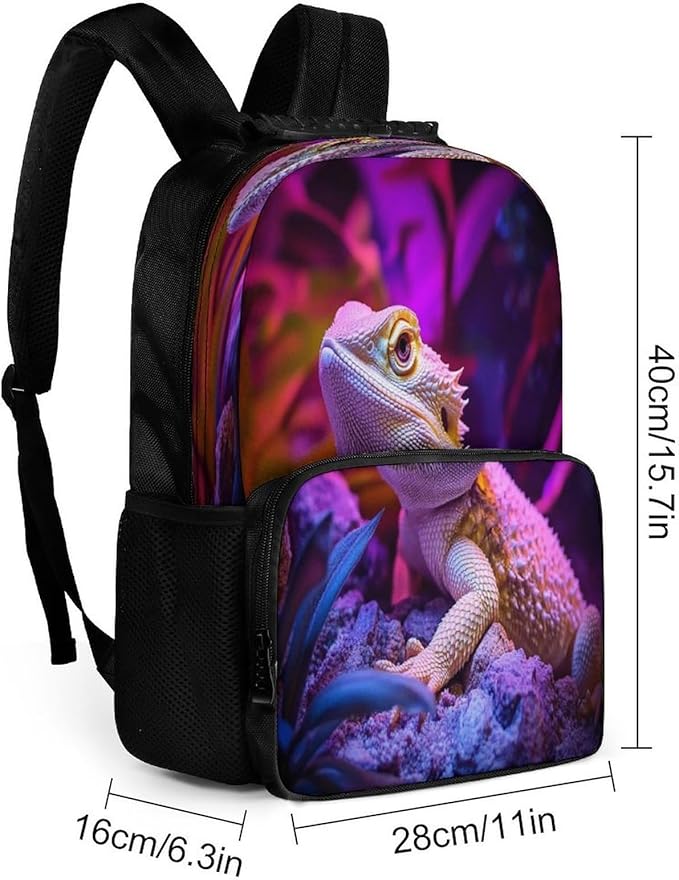 Lightweight Backpack for Gym Travel Bicycle, Big Capacity Multipurpose Anti-Theft Carry On Bag, Purple Art Cool Bearded Dragon Lizards Travel Hiking Bag Day Pack