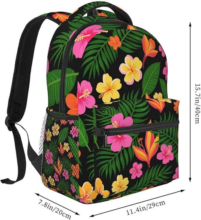 Women Men Polyester Hawaiian Colorful Flower Casual Daypack Large Capacity Bookbag With Side Pockets for Sports Picnic Walking Cycling