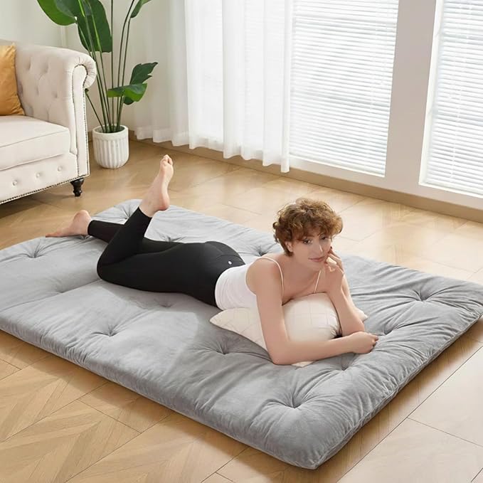 Japanese Floor Futon Mattress Full Size 54"x 80", 2.5'' Thick Foldable Roll Up Floor Bed Sleeping Pad, Foam Filled Tatami Mat with Straps for Guest Room, Dormitory & Camping, Grey