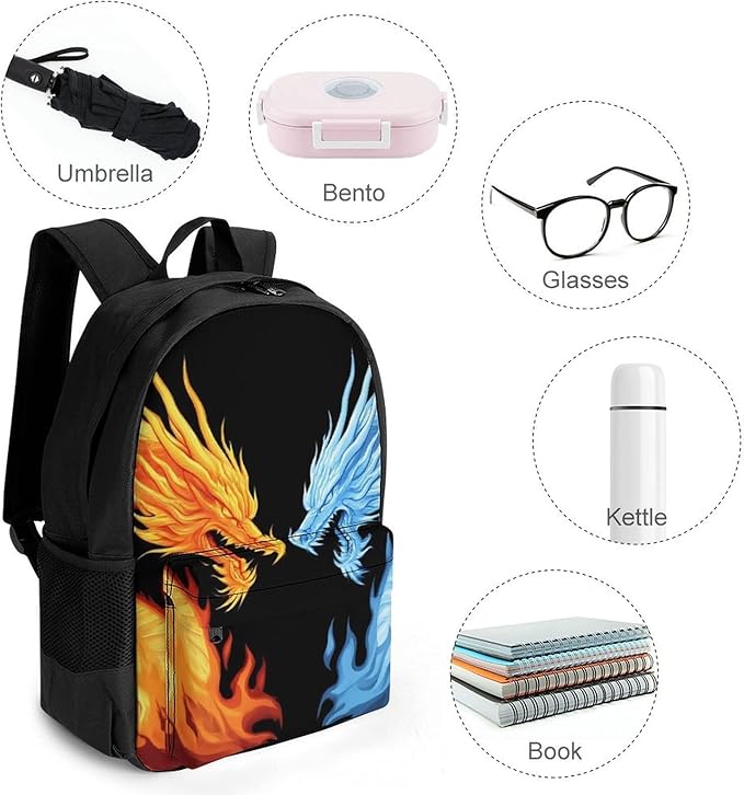 Polyester Daypack for Hiking Work Running, Big Capacity Anti-Theft Multipurpose Shoulder Bag, Red Blue Ice Fire Flame Dragon Travel and Sport Backpack Rucksack
