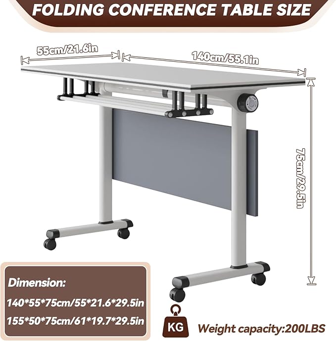 Modular Conference Room Table, Folding Seminar Desk with Wheels, Large Mobile Office Meeting Table for Classroom Training, Flip-Top Stackable Conference Tables,4 Packs Gray