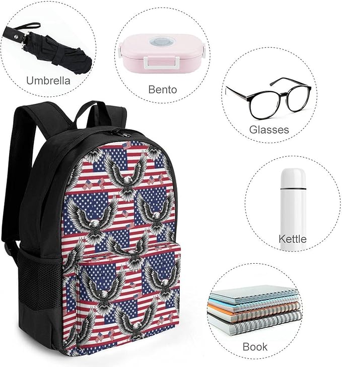Daypack Bookbag Multipurpose Anti-Theft Big Capacity Carry On Bag, American Flag Usa Cool Bald Eagle Pattern Art Travel Hiking Camping Rucksack With Padded Straps