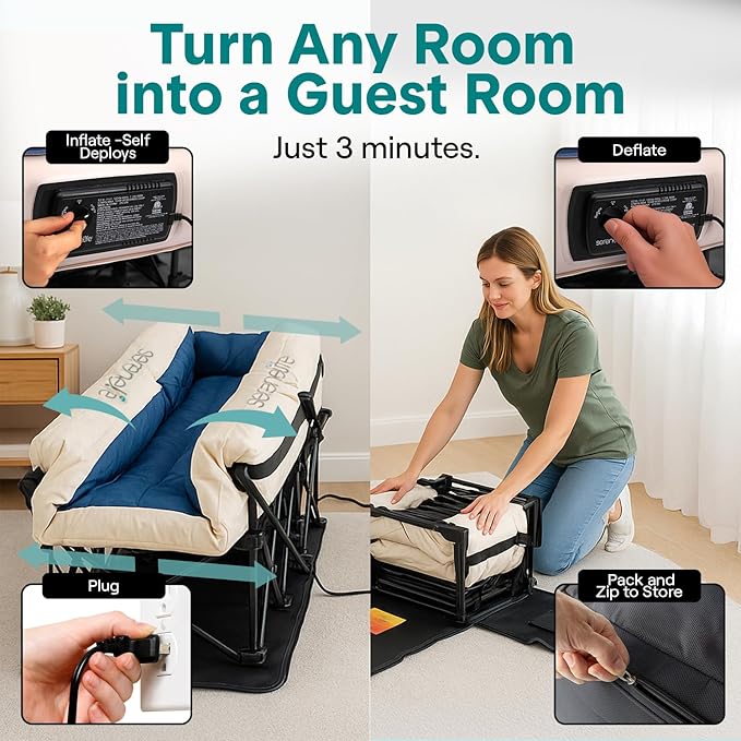 SereneLife (King) EZ Bed Air Mattress with Frame and Rolling Case - 3 Min Self Inflating Air Bed with Upgraded U-Coil Mattress and Premium Soft Flocked Top, Wall Plug AC Powered Inflate and Deflate