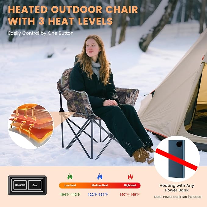Oversized Heated Camping Chair, Heated Chairs Outdoor Sports with 3 Heat Levels, Portable Folding Heated Outdoor Chair for Lawn Patio Lounge, Battery NOT Included