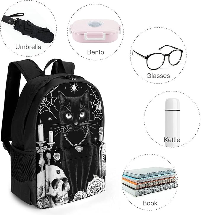 Supdreamc Polyester Daypack Backpack for Climbing Outdoors Running, Big Capacity Multipurpose Anti-Theft Bookbag, Black Cat Rose Skull Goth Travel Hiking Camping Rucksack