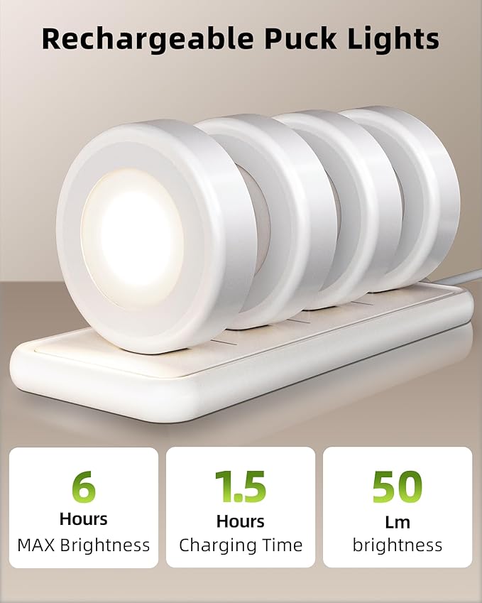 EZVALO LED 6 Pack Puck Lights with Charging Station, Rechargeable Sitck On Tap Lights, Wireless Closet Light, 3 Color Temps, Under Cabinet Lights, 2.5'' Mini Touch Light for Kitchen,Pantry,Shelves