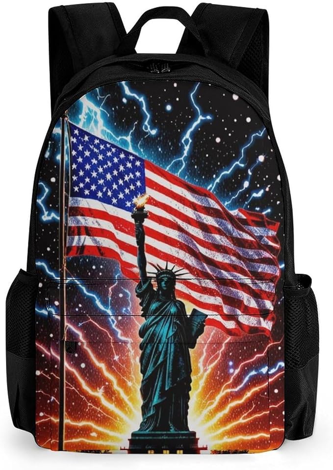 Shoulder Book Bags Anti-Theft Multipurpose Big Capacity Bookbag, American Usa Flag Lightning Statue Of Liberty Travel Hiking Backpack With Smooth Zippers