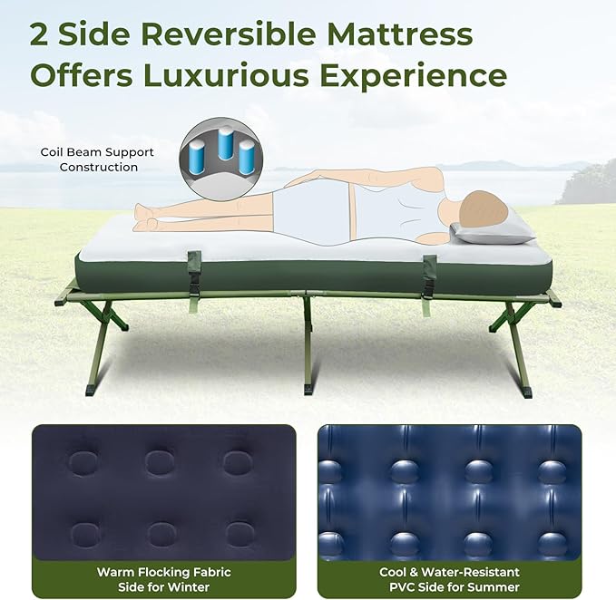 LDAILY Camping Tent Cot, 5 in 1 Off Ground Elevated Tent with Air Mattress, Sleeping Bag & Pillow, Folding Camping Cot Combo with Carrying Bag for Outdoor Hiking, RV, Picnic, Field Backyard (2 Person)