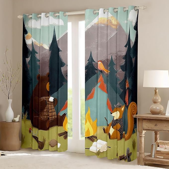Feelyou Happy Camping Blackout Curtains Cute Bear Fox Animal Darkening Drapes for Bedroom Living Room Decor Camper Theme Thermal Insulated Shades Window Treatments, 2 Panels 52 x 84 Inch