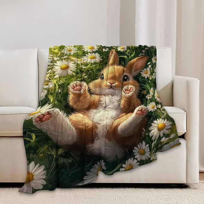 Cute Rabbit Blanket Bunny Hare Throw Blankets Daisy Gifts for Girls Boys Kids Rabbit Lover Soft Cozy Fleece Plush for Couch Sofa Bed 80"x60"